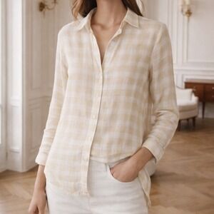 Bella‎ Dahl Tan Plaid Frayed Hem Button Down Shirt Womens XS Cotton